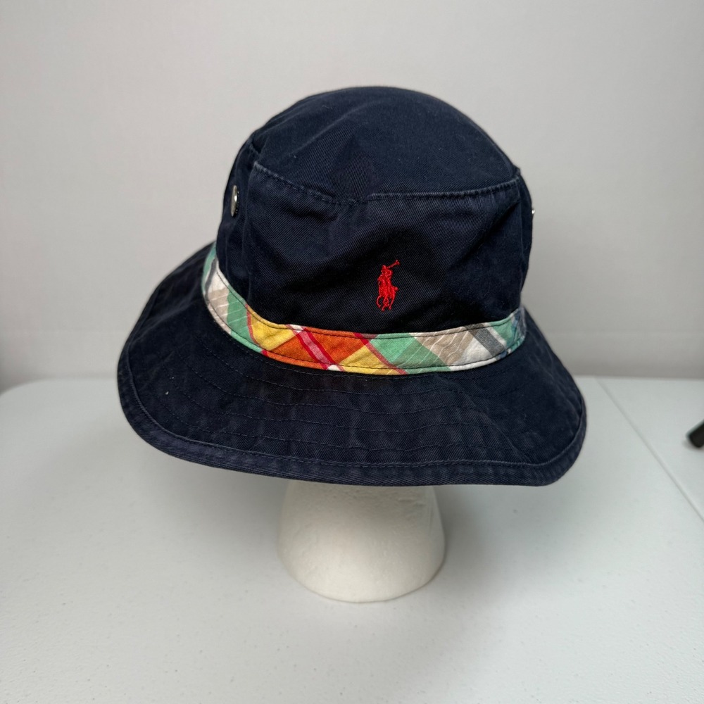 Polo Ralph Lauren Navy Tartan Plaid Band Chino Red Pony Bucket Hat Size Boy 8-20